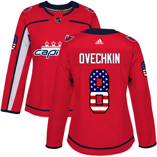 Adidas Capitals #8 Alex Ovechkin Red Home Authentic USA Flag Women's Stitched NHL Jersey