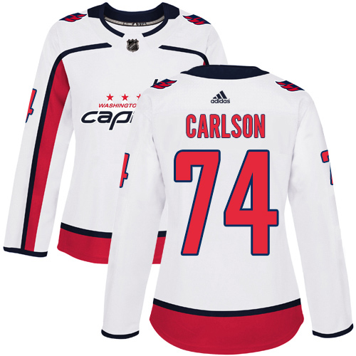 Adidas Capitals #74 John Carlson White Road Authentic Women's Stitched NHL Jersey