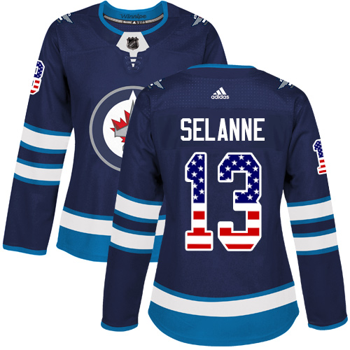 Adidas Jets #13 Teemu Selanne Navy Blue Home Authentic USA Flag Women's Stitched NHL Jersey