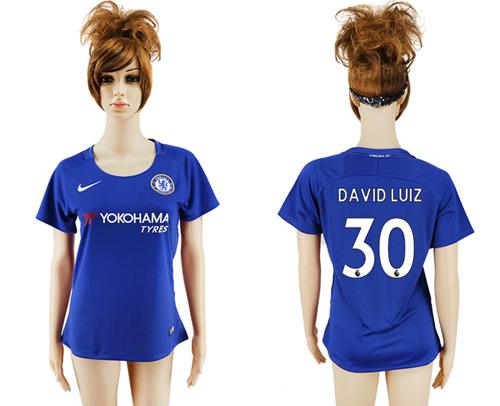 Women's Chelsea #30 David Luiz Home Soccer Club Jersey