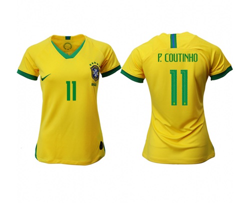 Women's Brazil #11 P.Coutinho Home Soccer Country Jersey