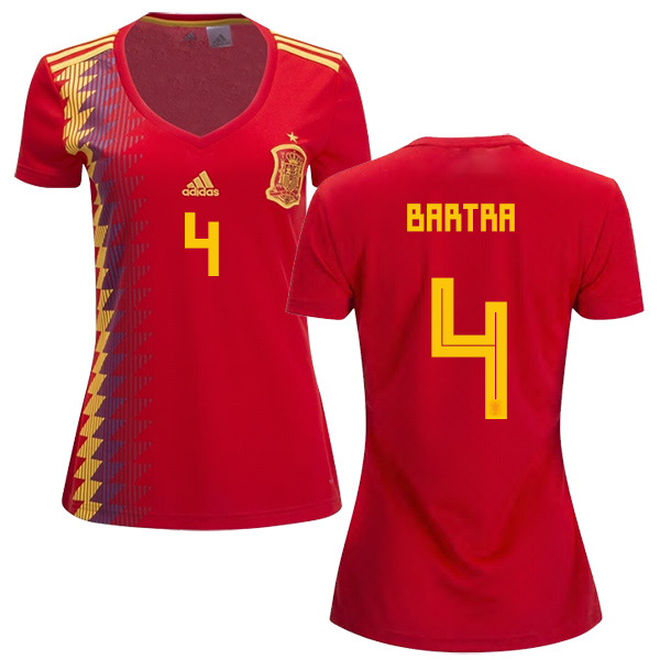 Women's Spain #4 Bartra Red Home Soccer Country Jersey