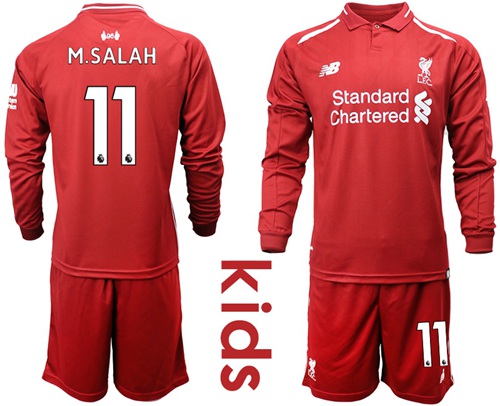 Liverpool #11 M.Salah Home Long Sleeves Kid Soccer Club Jersey