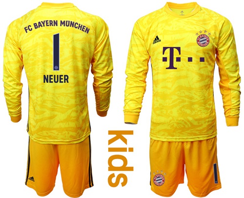 Bayern Munchen #1 Neuer Yellow Goalkeeper Long Sleeves Kid Soccer Club Jersey