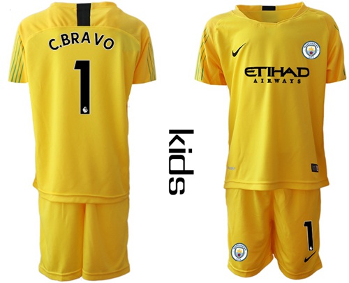Manchester City #1 C.Bravo Yellow Goalkeeper Kid Soccer Club Jersey