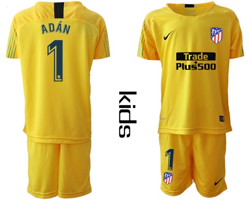 Atletico Madrid #1 Adan Yellow Goalkeeper Kid Soccer Club Jersey
