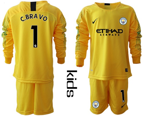 Manchester City #1 C.Bravo Yellow Goalkeeper Long Sleeves Kid Soccer Club Jersey