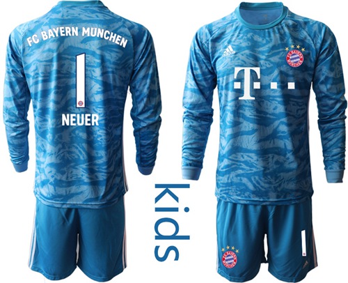 Bayern Munchen #1 Neuer Light Blue Goalkeeper Long Sleeves Kid Soccer Club Jersey