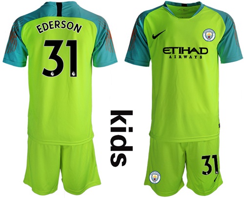 Manchester City #31 Ederson Shiny Green Goalkeeper Kid Soccer Club Jersey
