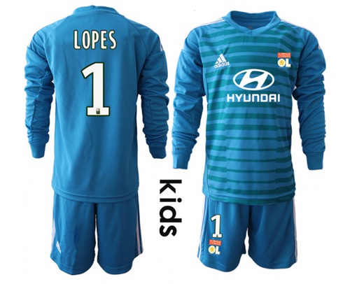 Lyon #1 Lopes Blue Goalkeeper Long Sleeves Kid Soccer Club Jersey