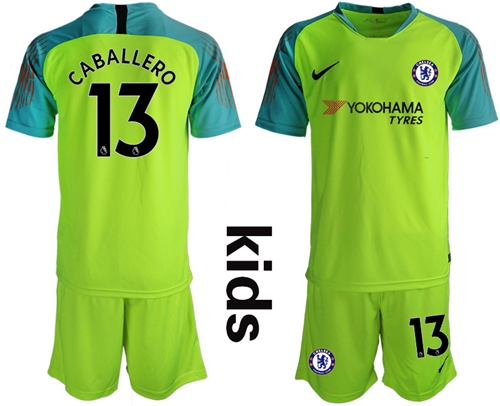 Chelsea #13 Caballero Shiny Green Goalkeeper Kid Soccer Club Jersey
