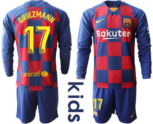 Barcelona #17 Griezmann Home Long Sleeves Kid Soccer Club Jersey