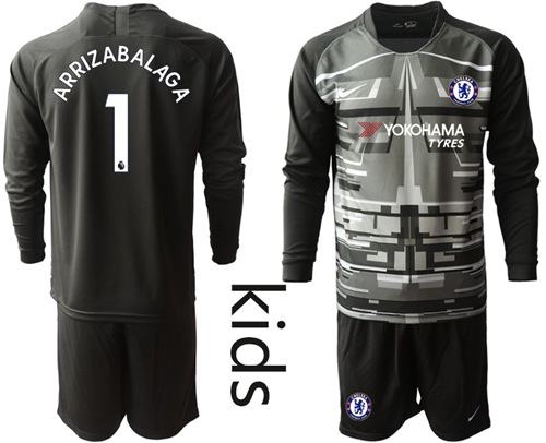 Chelsea #1 Arrizabalaga Black Goalkeeper Long Sleeves Kid Soccer Club Jersey