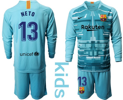 Barcelona #13 Neto Light Blue Goalkeeper Long Sleeves Kid Soccer Club Jersey