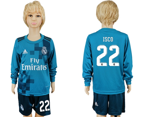 Real Madrid #22 Isco Sec Away Long Sleeves Kid Soccer Club Jersey