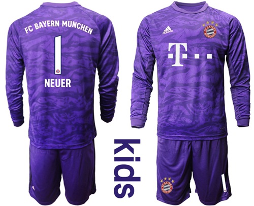 Bayern Munchen #1 Neuer Purple Goalkeeper Long Sleeves Kid Soccer Club Jersey