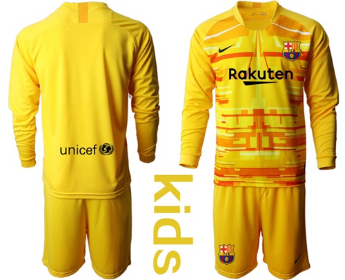 Barcelona Blank Yellow Goalkeeper Long Sleeves Kid Soccer Club Jersey