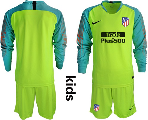 Atletico Madrid Blank Shiny Green Goalkeeper Long Sleeves Kid Soccer Club Jersey