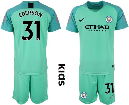 Manchester City #31 Ederson Green Goalkeeper Kid Soccer Club Jersey