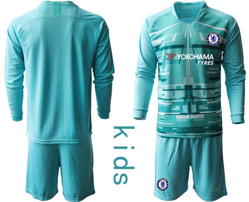 Chelsea Blank Light Blue Goalkeeper Long Sleeves Kid Soccer Club Jersey