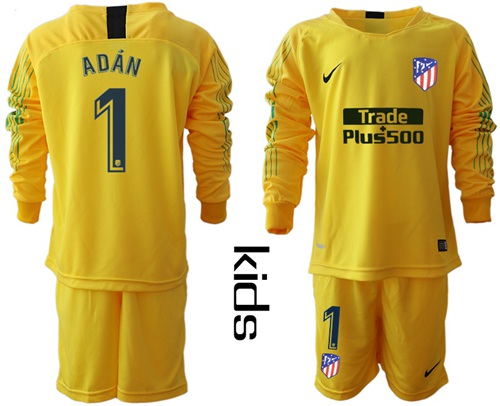 Atletico Madrid #1 Adan Yellow Goalkeeper Long Sleeves Kid Soccer Club Jersey