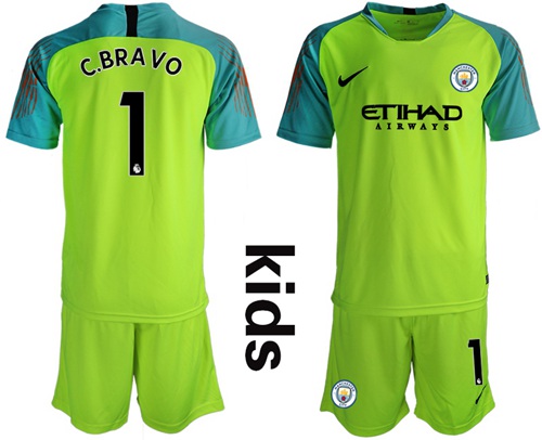 Manchester City #1 C.Bravo Shiny Green Goalkeeper Kid Soccer Club Jersey