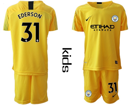 Manchester City #31 Ederson Yellow Goalkeeper Kid Soccer Club Jersey