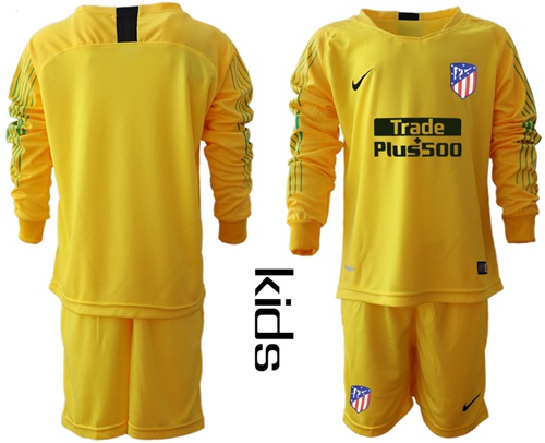 Atletico Madrid Blank Yellow Goalkeeper Long Sleeves Kid Soccer Club Jersey