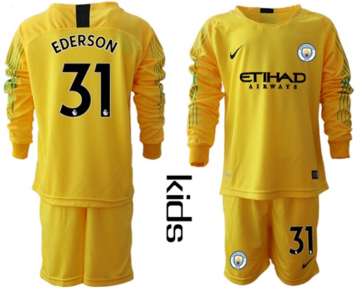 Manchester City #31 Ederson Yellow Goalkeeper Long Sleeves Kid Soccer Club Jersey