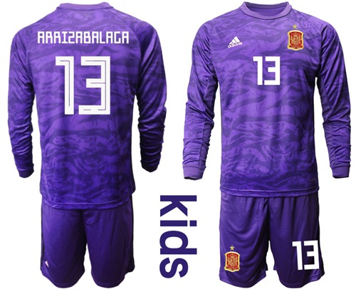 Spain #13 Arrizabalaga Purple Long Sleeves Goalkeeper Kid Soccer Country Jersey