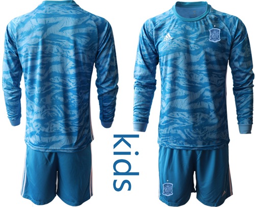 Spain Blank Blue Long Sleeves Goalkeeper Kid Soccer Country Jersey