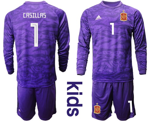 Spain #1 Casillas Purple Long Sleeves Goalkeeper Kid Soccer Country Jersey