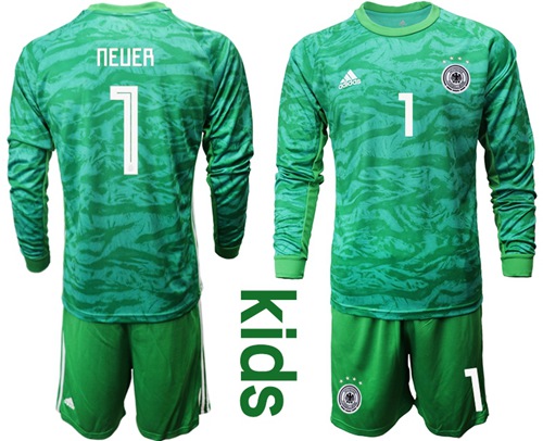 Germany #1 Neuer Green Goalkeeper Long Sleeves Kid Soccer Country Jersey