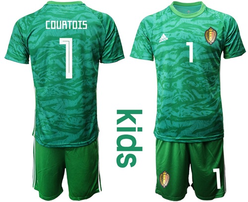 Belgium #1 Courtois Green Goalkeeper Kid Soccer Country Jersey