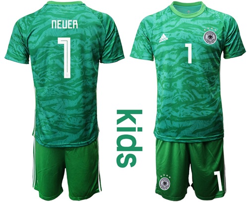 Germany #1 Neuer Green Goalkeeper Kid Soccer Country Jersey