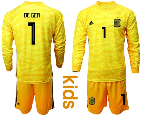 Spain #1 De Gea Yellow Long Sleeves Goalkeeper Kid Soccer Country Jersey