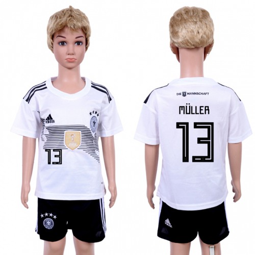 Germany #13 Muller White Home Kid Soccer Country Jersey
