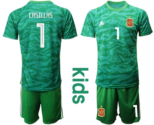 Spain #1 Casillas Green Goalkeeper Kid Soccer Country Jersey
