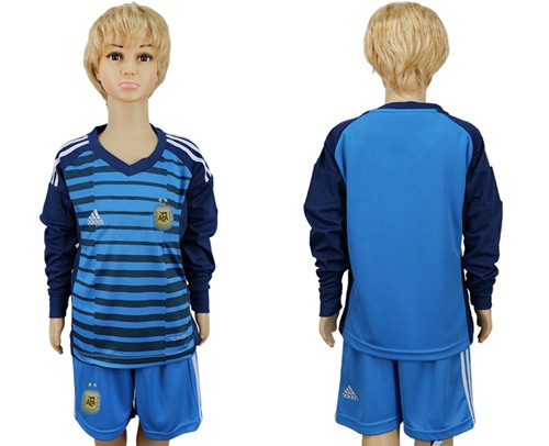 Argentina Blank Blue Long Sleeves Goalkeeper Kid Soccer Country Jersey
