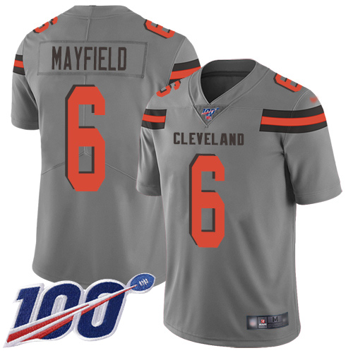 Nike Browns #6 Baker Mayfield Gray Youth Stitched NFL Limited Inverted Legend 100th Season Jersey