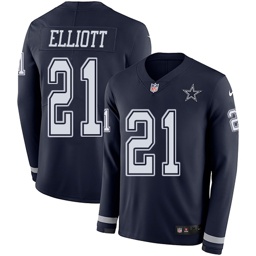 Nike Cowboys #21 Ezekiel Elliott Navy Blue Team Color Youth Stitched NFL Limited Therma Long Sleeve Jersey
