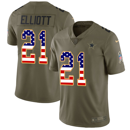 Nike Cowboys #21 Ezekiel Elliott Olive/USA Flag Youth Stitched NFL Limited 2017 Salute to Service Jersey