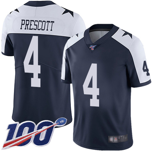 Nike Cowboys #4 Dak Prescott Navy Blue Thanksgiving Youth Stitched NFL 100th Season Vapor Throwback Limited Jersey