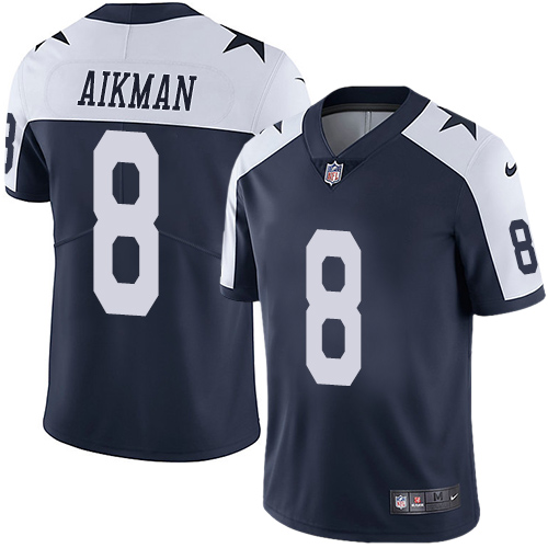 Nike Cowboys #8 Troy Aikman Navy Blue Thanksgiving Youth Stitched NFL Vapor Untouchable Limited Throwback Jersey