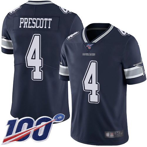 Nike Cowboys #4 Dak Prescott Navy Blue Team Color Youth Stitched NFL 100th Season Vapor Limited Jersey