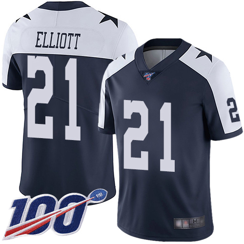 Nike Cowboys #21 Ezekiel Elliott Navy Blue Thanksgiving Youth Stitched NFL 100th Season Vapor Throwback Limited Jersey