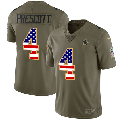 Nike Cowboys #4 Dak Prescott Olive/USA Flag Youth Stitched NFL Limited 2017 Salute to Service Jersey