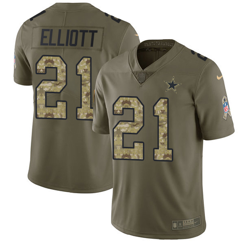 Nike Cowboys #21 Ezekiel Elliott Olive/Camo Youth Stitched NFL Limited 2017 Salute to Service Jersey