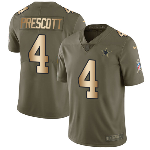 Nike Cowboys #4 Dak Prescott Olive/Gold Youth Stitched NFL Limited 2017 Salute to Service Jersey