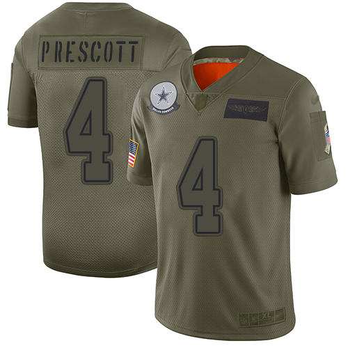 Nike Cowboys #4 Dak Prescott Camo Youth Stitched NFL Limited 2019 Salute to Service Jersey